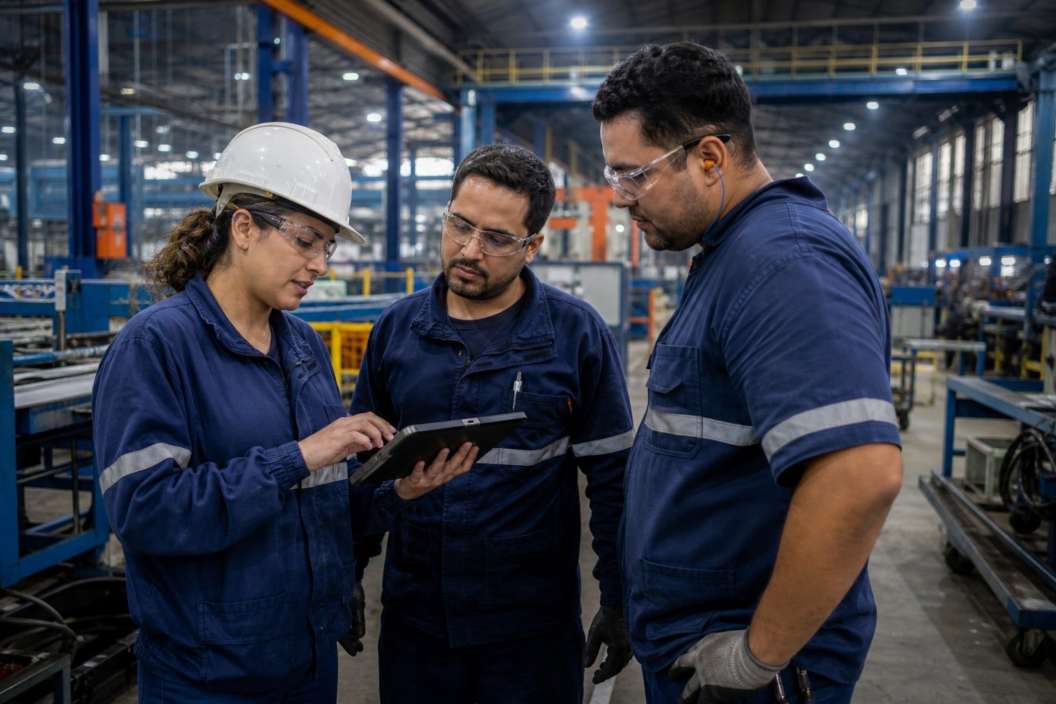 Profissionais analisam informações em um tablet durante o trabalho em uma operação industrial.